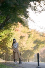 Asian woman in Kyoto's fall, wearing a casual dress. Elegant portrait amid colorful maple foliage, capturing her cheerful smile and the refreshing beauty of the seasonal change.