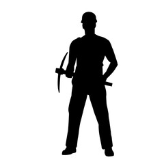 Silhouette of a man in worker costume carrying pick axe tool in action pose.