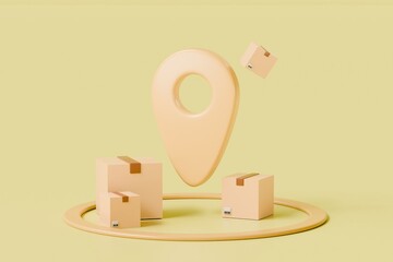 3D Location mark with ring on ground and Parcel box or Cardboard box icon. Logistics and distribution concept. Fast delivery at home. Pin marker. Minimal Cartoon on yellow background. 3D Rendering