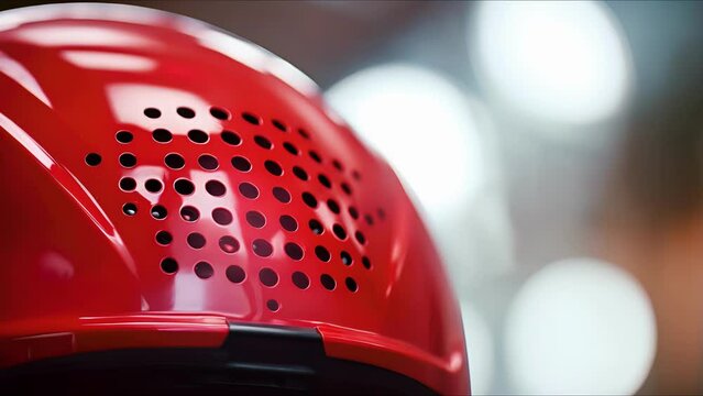 Closeup of a red helmet with ventilation holes.