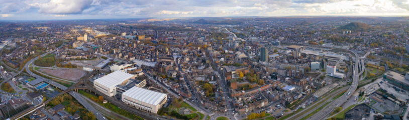 Fototapeta na wymiar Aerial view of the old town of Charleroi on a cloudy day in late autumn. 