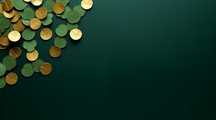 Happy St. Paddy's Day.  St. Patrick's day banner with gold coins, glitter and shamrock clover leaves. Minimalist design - obrazy, fototapety, plakaty