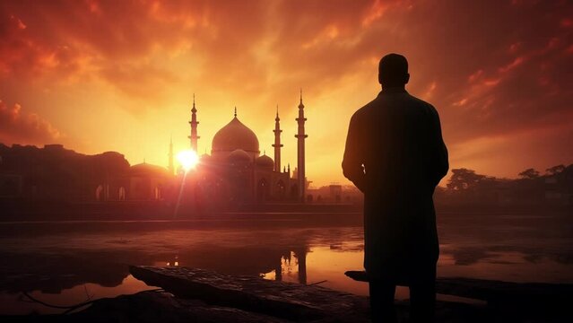 concept of religion islam . silhouette of man praying. beautiful mosque in sunset. seamless looping overlay 4k virtual video animation background 