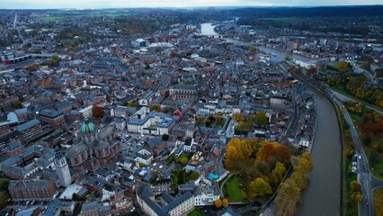 Aerial view of the old town of Namur on a cloudy day in late autumn.	