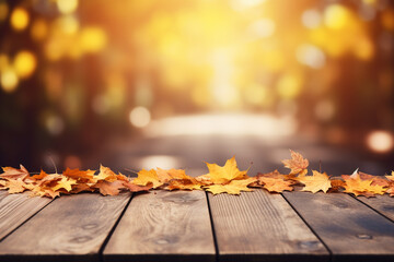 Naklejka na ściany i meble Empty wooden top table with blurred autumn background.