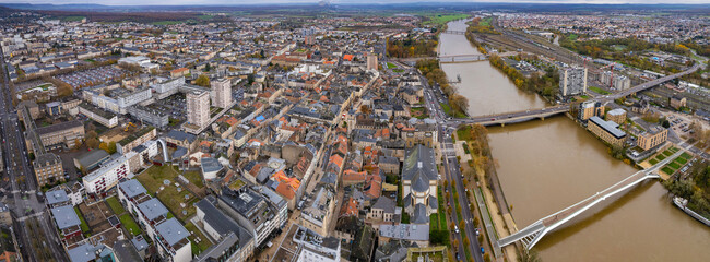 Aerial view of the old town of Namur on a cloudy day in late autumn.	