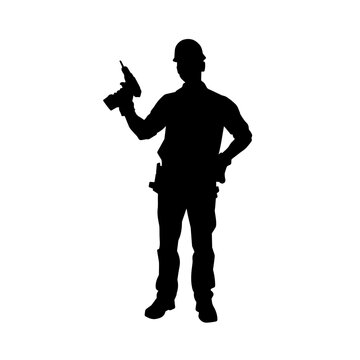 recommend clip art: Silhouette of man in construction worker costume carrying drill power tool. Silhouette of construction worker male in action pose with power tool driller. 