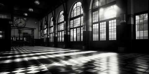 Inside an old train station, in the style of monochromatic shadows, reimagined by industrial light