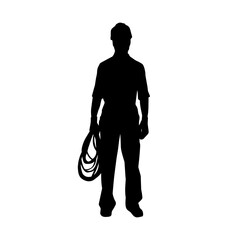 Silhouette of man in construction worker costume. Silhouette of construction worker male in pose. 
