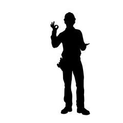Silhouette of man in construction worker costume. Silhouette of construction worker male in pose. 
