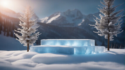 Ice podium for product display and presentation. showcase your product. landscape and snow...