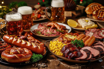 Bavarian delights featuring hearty portions of sausages, pretzels and delectable schnitzel