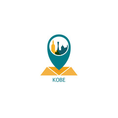 Kobe city map pin point geolocation modern skyline vector logo icon isolated illustration. Japan pointer emblem with landmarks and building silhouettes - obrazy, fototapety, plakaty
