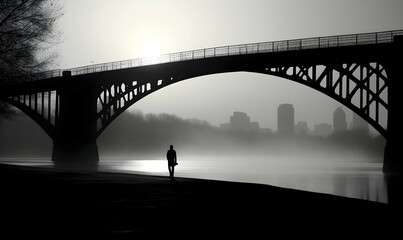 Arch bridge made of wrought iron, black and white, in the style of german romanticism