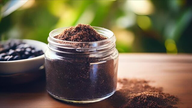 Closeup of a glass jar filled with homemade body scrub, made from ethically sourced coffee grounds and sugar.