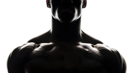 Backlit closeup silhouette of a muscular man, highlighting his physique against a white backdrop - obrazy, fototapety, plakaty