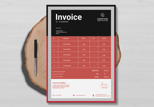 Invoice Layout Template with Red  Black Accents