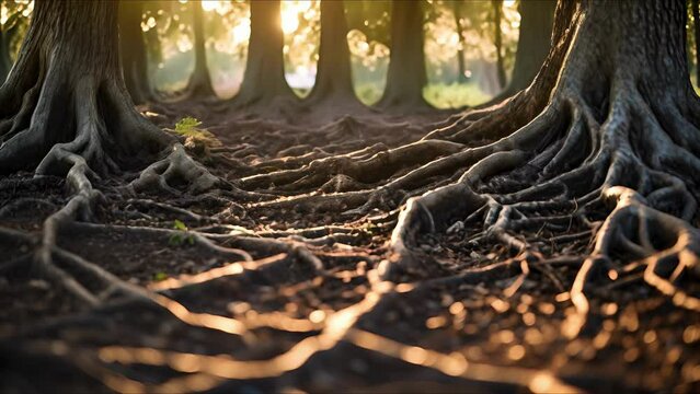 Closeup of a network of roots intertwined in the ground, showcasing the intricate and essential role trees play in maintaining healthy ecosystems.