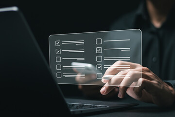 Questionnaire with checkboxes, businessman filling survey form online, answer questions of test for Survey form concept.