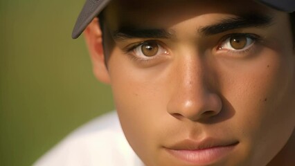 A young Hispanic male golfer with a content expression as he focuses on the golf ball