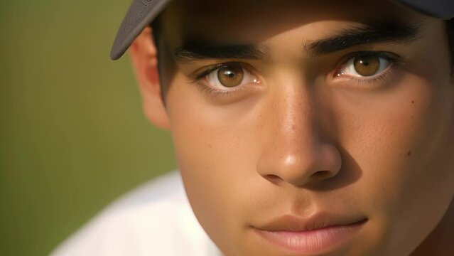 A young Hispanic male golfer with a content expression as he focuses on the golf ball