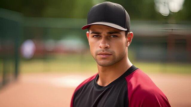 A confident Latino man in an unbranded softball uniform with a serious expression standing still in a close up portrait with a blurred background of a softball game.