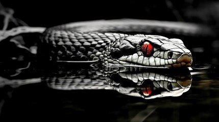 Fototapeta premium A black snake on a black background. Reptile.
