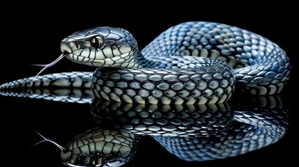 A black snake on a black background. Reptile.