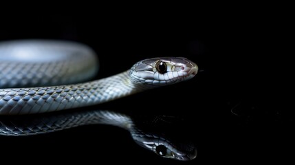 Fototapeta premium A black snake on a black background. Reptile.