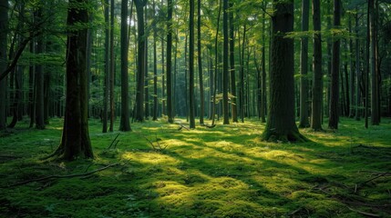 Serene forest scene with towering trees and a carpet of green.