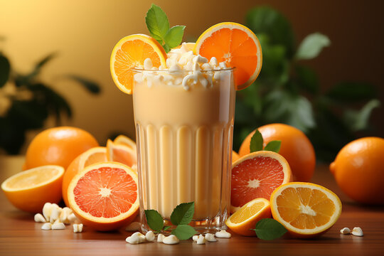 Orange smoothie in a glass with striped straw and fruite