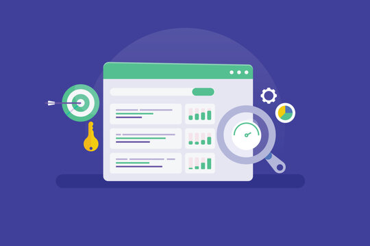 SEO tool examine search engine ranking, target keyword research, link analysis, website performance dashboard report, marketing software e-business concept vector illustration.