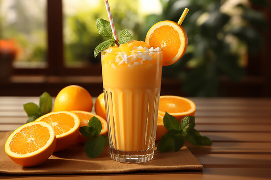 Orange smoothie in a glass with striped straw and fruite
