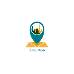 Kinshasa city map pin point geolocation modern skyline vector logo icon isolated illustration. Democratic Republic of the Congo pointer emblem with landmarks and building silhouettes