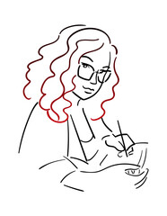 Modern working woman. curly Girl in glasses. Artist with a stylus. Student in class. Bright gradient hair. Lefty. Vector illustration in sketch style.