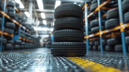 Stack of new car tires in an organized warehouse ready for shipment.