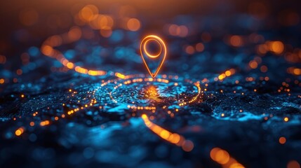 Digital concept of a location marked with a glowing GPS pin on an interactive map. - obrazy, fototapety, plakaty