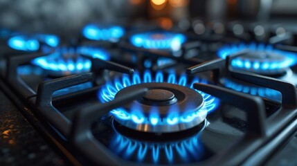 Modern stove top with blue flames emitting from the burner. - obrazy, fototapety, plakaty