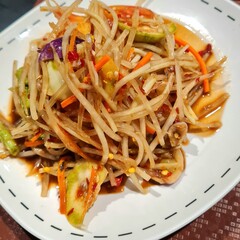 Papaya salad with crab and fermented fish, Close up image.