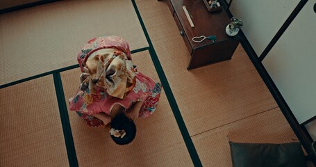 Japanese woman, praying and bow in shinto religion with meditation, faith and traditional clothes...