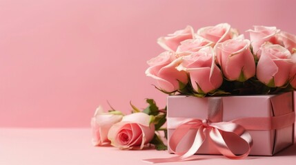 valentine s day gift box of roses on a pink background with ribbon