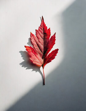 Minimalist Small Flat Lay Red Fall Leaf Isolated On White With Grey Border With Copy Space.