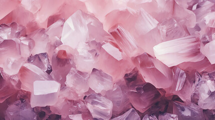 Rose quartz crystals background.