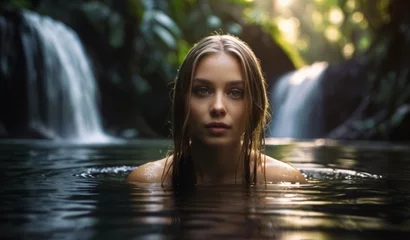 Poster  photo of woman in lake, big waterfall in background, wet hair, dark blonde hair, big eyes, long eyelashes, swimming, photorealistic, sunlight, in jungle, rocks from AI Generative © Arceli