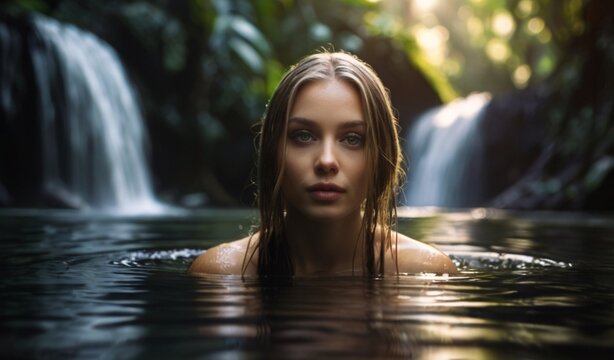  photo of woman in lake, big waterfall in background, wet hair, dark blonde hair, big eyes, long eyelashes, swimming, photorealistic, sunlight, in jungle, rocks from AI Generative