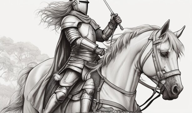 coloring page, knight, anime, line art, simple details, simple line art, one line, clean and minimalistic lines, minimalism, line drawing style, white background from AI Generative