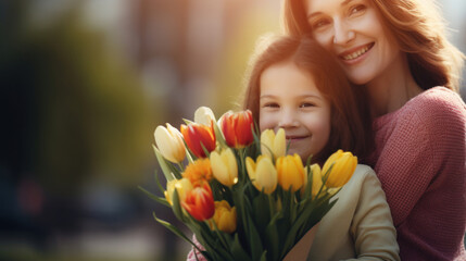 Obraz na płótnie Canvas A heartwarming portrait of a mother and daughter sharing a joyful moment together with a bouquet of colorful spring tulips.