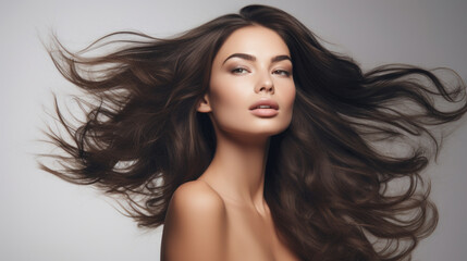 A stunning beauty portrait showcasing a woman with flowing brown hair and natural makeup highlighting her flawless skin.