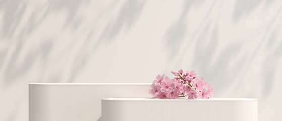 3D minimal background. 3D Podium nature light shadow and sakura white background for cosmetics, perfume, product presentation. 3D illustration