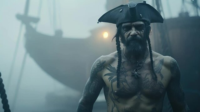A weatherbeaten pirate, with a large anchor tattooed on his forearm, stands at the wheel of a ship amidst a dense fog, the haunting melody of a distant siren filling the air.